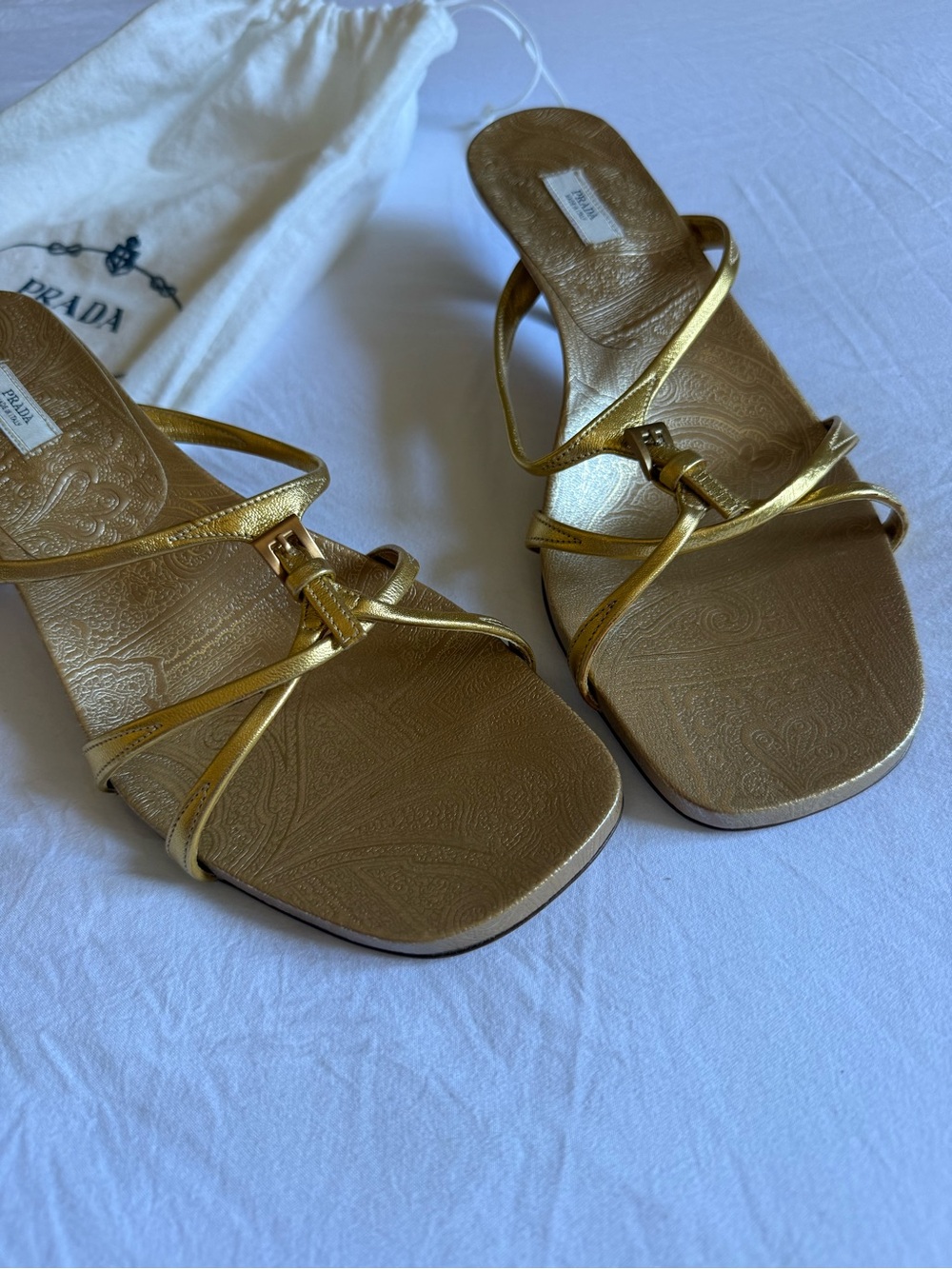 Vintage Prada Metallic Gold Strappy Kitten heels mules/Sandals, size 39.5 - Picture 14 of 14